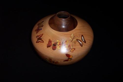Walnut  Maple Bowl Inlayed with Wood Butterflies- Dick Hoffmann